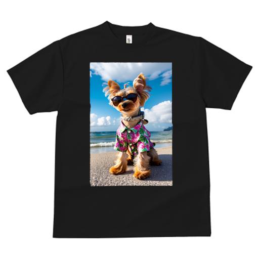 Tシャツ レディース 犬ファン 半袖 春夏 犬柄 プリント カジュアル かわいい 人間用 フィットネス ダンス アロハシャツ ヨークシャーテリア 海 ビーチ サングラス