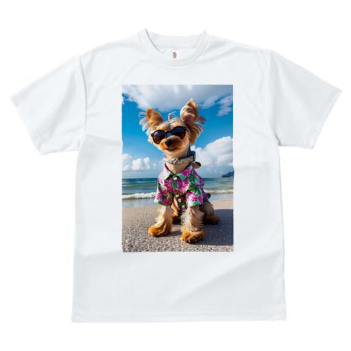 Tシャツ レディース 犬ファン 半袖 春夏 犬柄 プリント カジュアル かわいい 人間用 フィットネス ダンス アロハシャツ ヨークシャーテリア 海 ビーチ サングラス