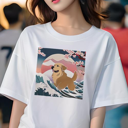 Tシャツ レディース 犬ファン 半袖 春夏 犬柄 プリント カジュアル かわいい 人間用 フィットネス ダンス 波 ゴールデンレトリバー 桜 太陽 山