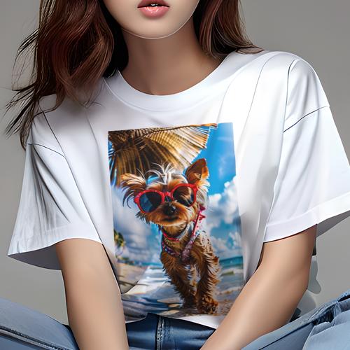Tシャツ レディース 犬ファン 半袖 春夏 犬柄 プリント カジュアル かわいい 人間用 フィットネス ダンス サングラス ヨークシャーテリア ビーチ 夏 バケーション