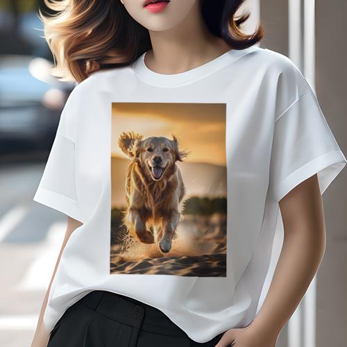 Tシャツ レディース 犬ファン 半袖 春夏 犬柄 プリント カジュアル かわいい 人間用 フィットネス ダンス 砂 ゴールデンレトリバー 夕焼け ビーチ