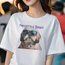 Tシャツ レディース 犬ファン 半袖 春夏 犬柄 プリント カジュアル かわいい 人間用 フィットネス ダンス Tシャツ シーズー サングラス(4)