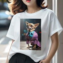 Tシャツ レディース 犬ファン 半袖 春夏 犬柄 プリント カジュアル かわいい 人間用 フィットネス ダンス スーツ チワワ ネクタイ(4)