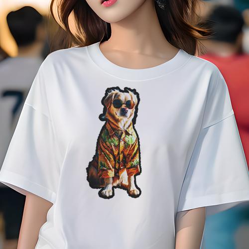 Tシャツ レディース 犬ファン 半袖 春夏 犬柄 プリント カジュアル かわいい 人間用 フィットネス ダンス アロハシャツ ゴールデンレトリバー サングラス パイナップル柄