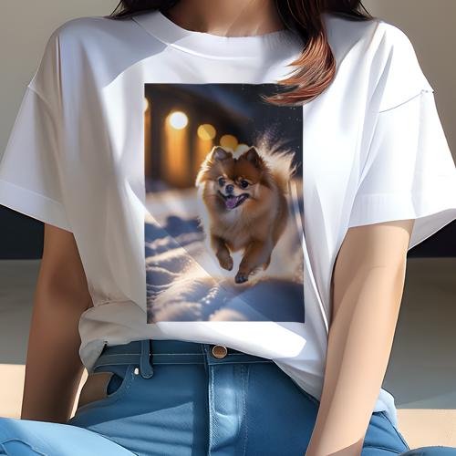 Tシャツ レディース 犬ファン 半袖 春夏 犬柄 プリント カジュアル かわいい 人間用 フィットネス ダンス 雪 ポメラニアン 光 冬 夜(4)