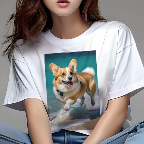 Tシャツ レディース 犬ファン 半袖 春夏 犬柄 プリント カジュアル かわいい 人間用 フィットネス ダンス 海 コーギー 砂浜 波 Tシャツ レディース 犬ファン 半袖 春夏 犬柄 プリント カジュアル かわいい 人間用 フィットネス ダンス 海 コーギー 砂浜 波