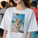 Tシャツ レディース 犬ファン 半袖 春夏 犬柄 プリント カジュアル かわいい 人間用 フィットネス ダンス ビーチ コーギー 海 夏 休暇