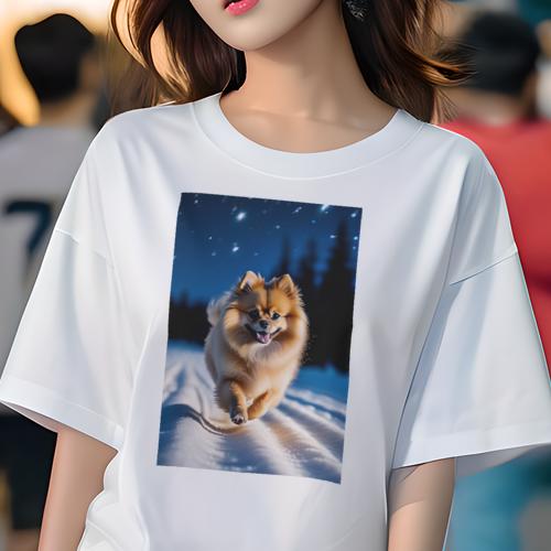 Tシャツ レディース 犬ファン 半袖 春夏 犬柄 プリント カジュアル かわいい 人間用 フィットネス ダンス 雪 ポメラニアン 冬 夜 森林