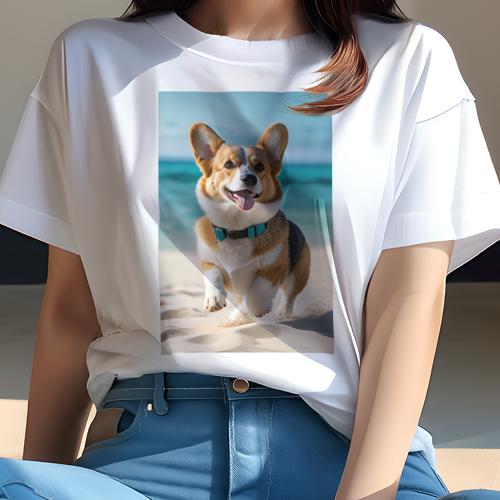 Tシャツ レディース 犬ファン 半袖 春夏 犬柄 プリント カジュアル かわいい 人間用 フィットネス ダンス ビーチ コーギー 海 砂