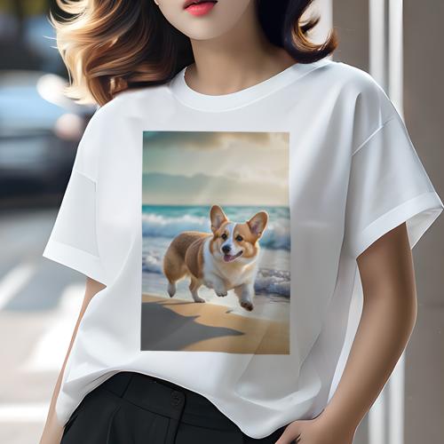 Tシャツ レディース 犬ファン 半袖 春夏 犬柄 プリント カジュアル かわいい 人間用 フィットネス ダンス ビーチ コーギー 海 波 砂浜