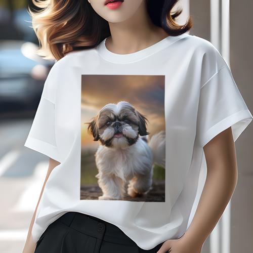 Tシャツ レディース 犬ファン 半袖 春夏 犬柄 プリント カジュアル かわいい 人間用 フィットネス ダンス 夕焼け シーズー 空