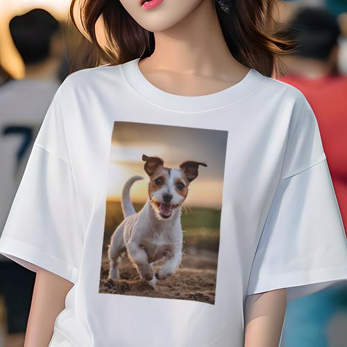 Tシャツ レディース 犬ファン 半袖 春夏 犬柄 プリント カジュアル かわいい 人間用 フィットネス ダンス 夕焼け ジャックラッセルテリア 砂