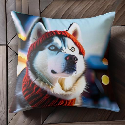 ニット帽 シベリアンハスキー マフラー 冬 雪 クッションカバー 45×45cm アニマル柄 おしゃれ 可愛い クッション本体付き 正方形 犬ファン