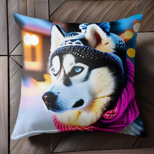 ニット帽 シベリアンハスキー マフラー 冬 雪 クッションカバー 45×45cm アニマル柄 おしゃれ 可愛い クッション本体付き 正方形 犬ファン