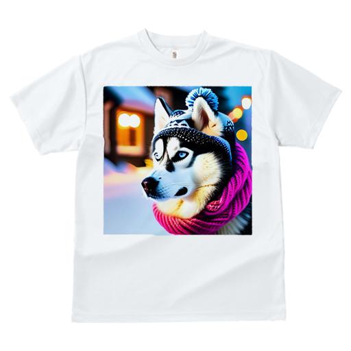 Tシャツ レディース 犬ファン 半袖 春夏 犬柄 プリント カジュアル かわいい 人間用 フィットネス ダンス ニット帽 シベリアンハスキー マフラー 冬 雪