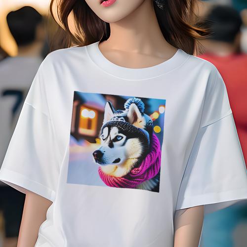 Tシャツ レディース 犬ファン 半袖 春夏 犬柄 プリント カジュアル かわいい 人間用 フィットネス ダンス ニット帽 シベリアンハスキー マフラー 冬 雪