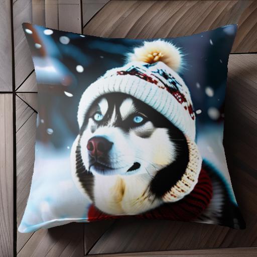 帽子 シベリアンハスキー 雪 冬 ニット クッションカバー 45×45cm アニマル柄 おしゃれ 可愛い クッシ..