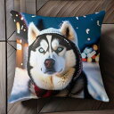 冬 シベリアンハスキー 雪 帽子 クリスマス クッションカバー 45×45cm アニマル柄 おしゃれ 可愛い クッション本体付き 正方形 犬ファン
