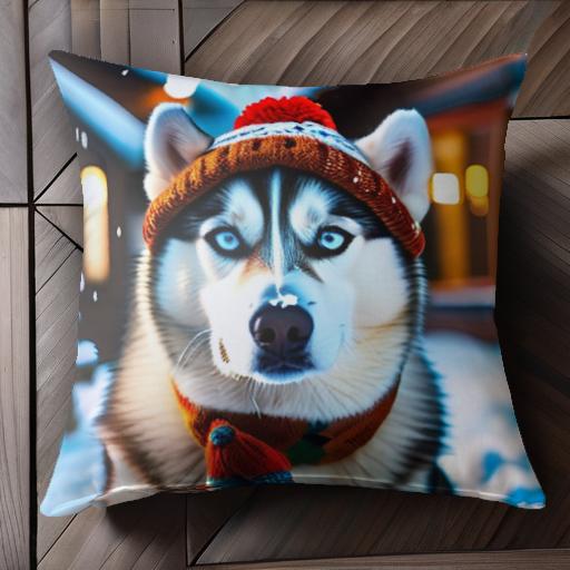 帽子 シベリアンハスキー スカーフ 冬 雪 クッションカバー 45×45cm アニマル柄 おしゃれ 可愛い クッション本体付き 正方形 犬ファン