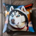 冬 シベリアンハスキー 雪 帽子 クリスマス クッションカバー 45×45cm アニマル柄 おしゃれ 可愛い クッション本体付き 正方形 犬ファン