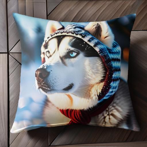 帽子 シベリアンハスキー スカーフ 冬 雪 クッションカバー 45×45cm アニマル柄 おしゃれ 可愛い クッ..