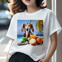 Tシャツ レディース 犬ファン 半袖 春夏 犬柄 プリント カジュアル かわいい 人間用 フィットネス ダンス ジュース サルーキ オレンジ ビーチ ヤシの木(4)