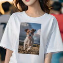 Tシャツ レディース 犬ファン 半袖 春夏 犬柄 プリント カジュアル かわいい 人間用 フィットネス ダンス 笑顔 ジャックラッセルテリア 砂浜 空 雲(4)