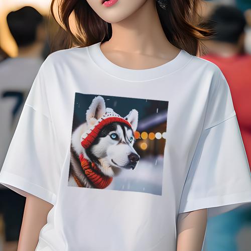 Tシャツ レディース 犬ファン 半袖 春夏 犬柄 プリント カジュアル かわいい 人間用 フィットネス ダンス 帽子 シベリアンハスキー スカーフ 冬 雪