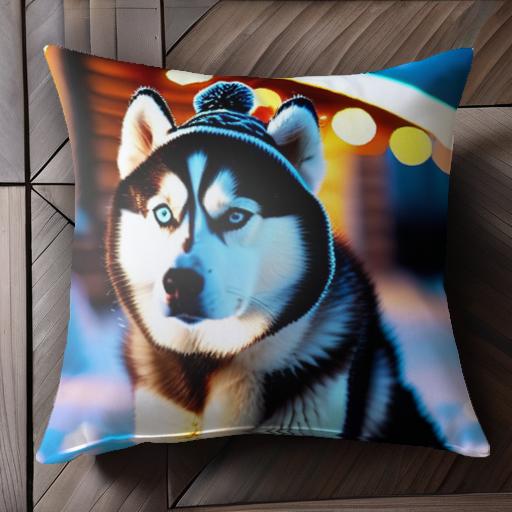 帽子 シベリアンハスキー 冬 雪 ライト クッションカバー 45×45cm アニマル柄 おしゃれ 可愛い クッション本体付き 正方形 犬ファン