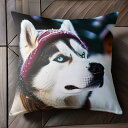 帽子 シベリアンハスキー スカーフ 雪 冬 クッションカバー 45×45cm アニマル柄 おしゃれ 可愛い クッション本体付き 正方形 犬ファン