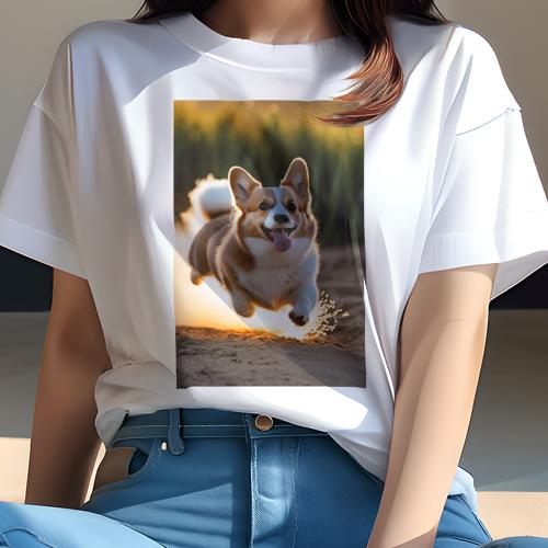 Tシャツ レディース 犬ファン 半袖 春夏 犬柄 プリント カジュアル かわいい 人間用 フィットネス ダンス 夕焼け コーギー 砂 笑顔 ジャンプ
