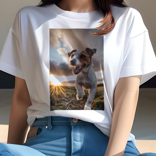 Tシャツ レディース 犬ファン 半袖 春夏 犬柄 プリント カジュアル かわいい 人間用 フィットネス ダンス 夕焼け ジャックラッセルテリア 空 草原