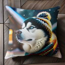 帽子 シベリアンハスキー スカーフ 冬 雪 クッションカバー 45×45cm アニマル柄 おしゃれ 可愛い クッション本体付き 正方形 犬ファン