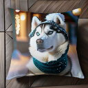 冬 シベリアンハスキー 雪 帽子 スカーフ クッションカバー 45×45cm アニマル柄 おしゃれ 可愛い クッション本体付き 正方形 犬ファン