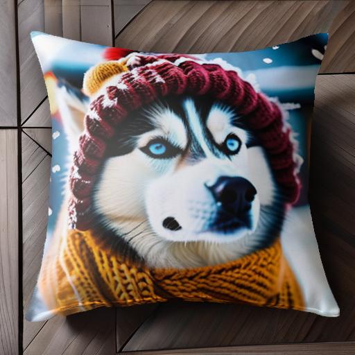 帽子 シベリアンハスキー マフラー 冬 雪 クッションカバー 45×45cm アニマル柄 おしゃれ 可愛い クッション本体付き 正方形 犬ファン