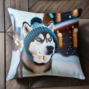 ニット帽 シベリアンハスキー 雪 冬 イルミネーション クッションカバー 45×45cm アニマル柄 おしゃれ 可愛い クッション本体付き 正方形 犬ファン