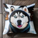 帽子 シベリアンハスキー スカーフ 冬 雪 クッションカバー 45×45cm アニマル柄 おしゃれ 可愛い クッション本体付き 正方形 犬ファン