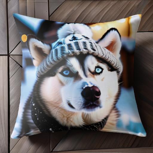 帽子 シベリアンハスキー 雪 クッションカバー 45×45cm アニマル柄 おしゃれ 可愛い クッション本体付き 正方形 犬ファン