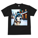 Tシャツ メンズ キッズ 犬ファン 半袖 春夏 犬柄 プリント カジュアル かわいい 人間用 フィットネス ダンス ニット帽 シベリアンハスキー 雪 冬 イルミネーション