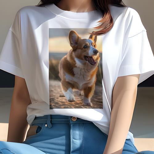 Tシャツ レディース 犬ファン 半袖 春夏 犬柄 プリント カジュアル かわいい 人間用 フィットネス ダンス 夕焼け コーギー 砂浜 Tシャツ レディース 犬ファン 半袖 春夏 犬柄 プリント カジュアル かわいい 人間用 フィットネス ダンス 夕焼け コーギー 砂浜