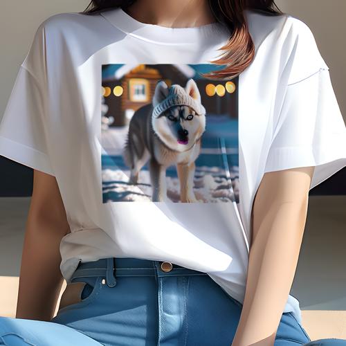 Tシャツ レディース 犬ファン 半袖 春夏 犬柄 プリント カジュアル かわいい 人間用 フィットネス ダンス ニット帽 シベリアンハスキー 雪