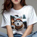 Tシャツ レディース 犬ファン 半袖 春夏 犬柄 プリント カジュアル かわいい 人間用 フィットネス ダンス 帽子 シベリアンハスキー スカーフ 冬 雪(4)