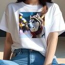 Tシャツ レディース 犬ファン 半袖 春夏 犬柄 プリント カジュアル かわいい 人間用 フィットネス ダンス 帽子 シベリアンハスキー スカーフ 冬 雪 イルミネーション