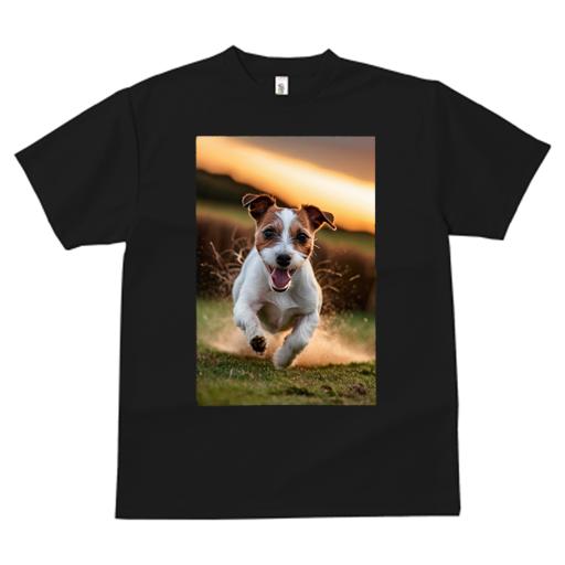 Tシャツ メンズ キッズ 犬ファン 半袖 春夏 犬柄 プリント カジュアル かわいい 人間用 フィットネス ダンス 夕焼け ジャックラッセルテリア 草原 躍動感