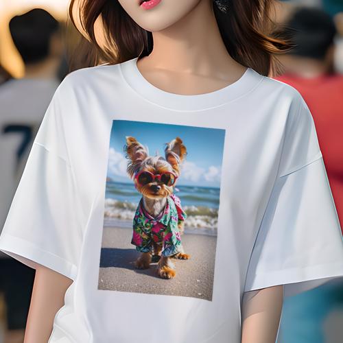 Tシャツ レディース 犬ファン 半袖 春夏 犬柄 プリント カジュアル かわいい 人間用 フィットネス ダンス サングラス ヨークシャーテリア アロハシャツ 海 ビーチ
