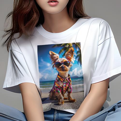 Tシャツ レディース 犬ファン 半袖 春夏 犬柄 プリント カジュアル かわいい 人間用 フィットネス ダンス アロハシャツ ヨークシャーテリア サングラス ビーチ ヤシの木(4)