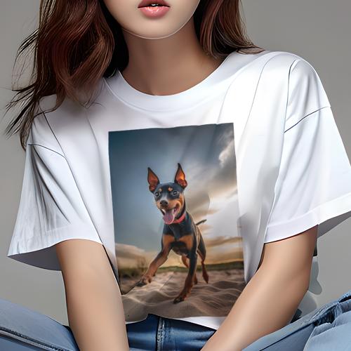 Tシャツ レディース 犬ファン 半袖 春夏 犬柄 プリント カジュアル かわいい 人間用 フィットネス ダンス 砂浜 ミニチュアピンシャー 空 夕焼け