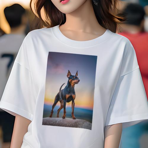 Tシャツ レディース 犬ファン 半袖 春夏 犬柄 プリント カジュアル かわいい 人間用 フィットネス ダンス 夕焼け ミニチュアピンシャー 空 風景