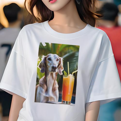 Tシャツ レディース 犬ファン 半袖 春夏 犬柄 プリント カジュアル かわいい 人間用 フィットネス ダンス ジュース サルーキ カクテル ドリンク ミント