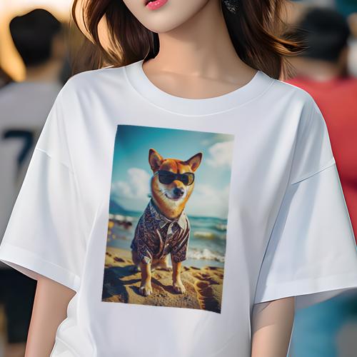 Tシャツ レディース 犬ファン 半袖 春夏 犬柄 プリント カジュアル かわいい 人間用 フィットネス ダンス サングラス 柴犬 アロハシャツ 海 砂浜